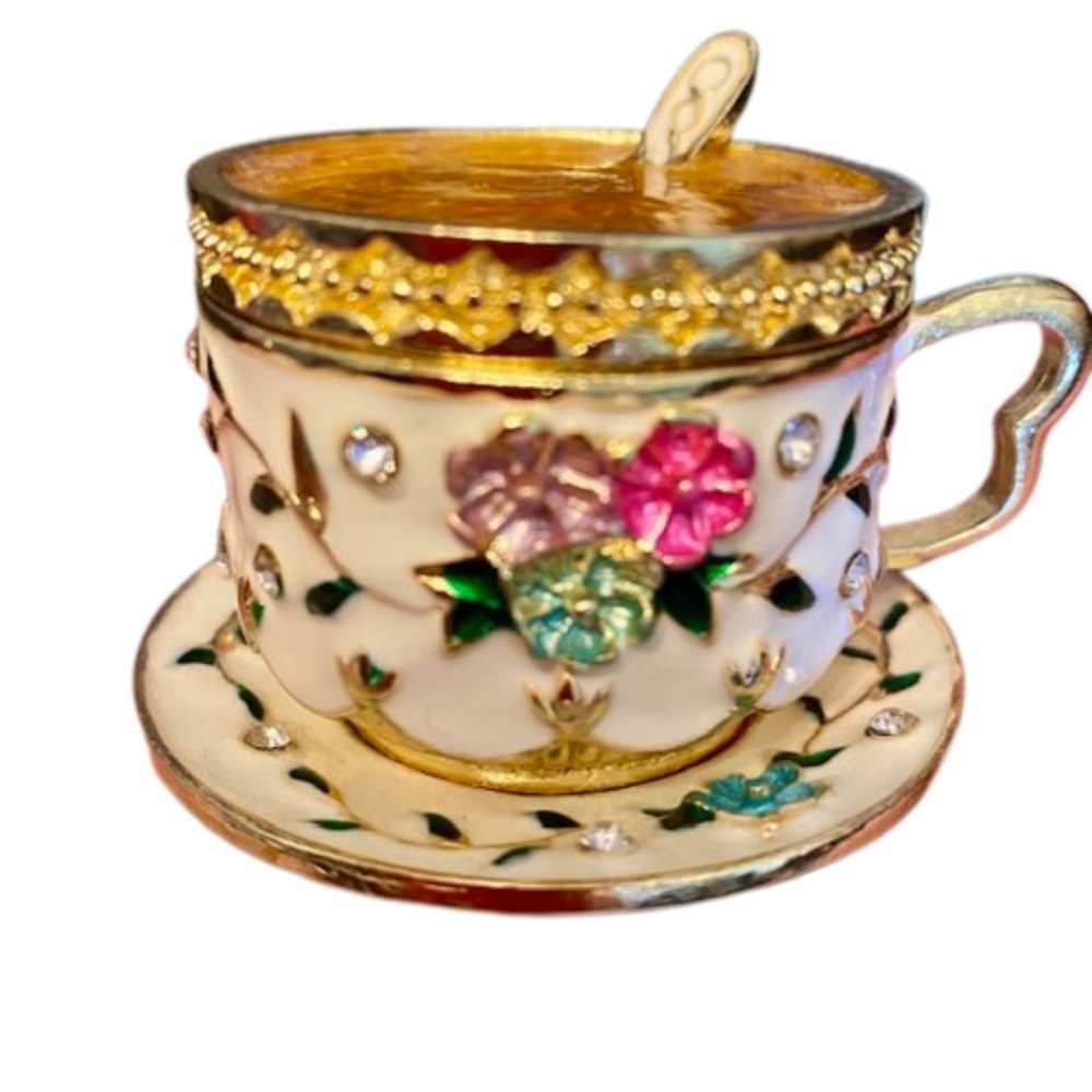 Trinket Box Coffee Cup and Saucer Enameled Metal Rhinestones Hinged Lid Floral